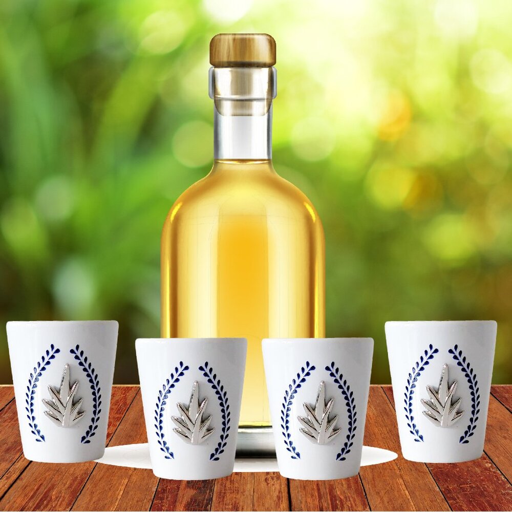 Set of 4 Tequila Shot Glasses, Agave Style Ceramic Barware